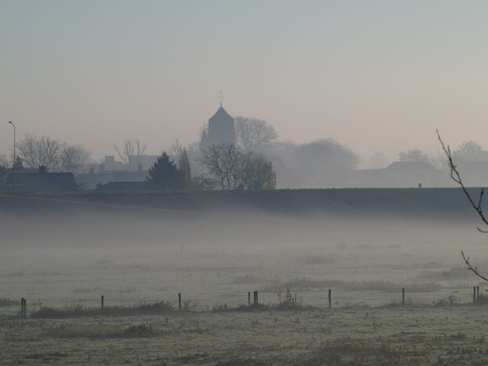 Natuur moment van Pannerden in een nevelige landschap