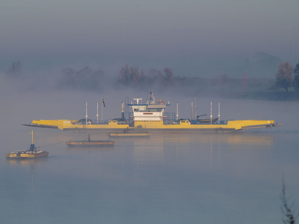 Natuur moment van Pannerden in een nevelige landschap met zichtbaar de veerboot